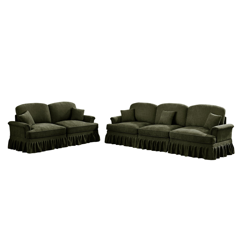 English Elm Classic Modular 2-Piece Sofa Set: Elegant Flared Arm Design With Detachable Ruffled Skirts, Green W3041S00269