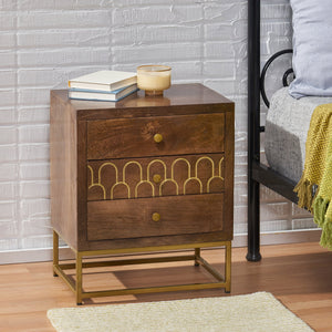 English Elm Christopher Knight Home® - NIGHT Mango Wood Nightstand Walnut with Gold Iron Legs, 3 Drawers, Mid-Century Modern Storage 68570.00