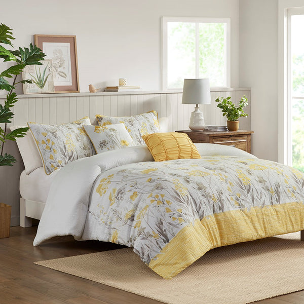 English Elm 5 Piece Seersucker Comforter Set with Throw Pillows Floral Cottage Farmhouse Microfiber Hypoallergenic Yellow 18.9 L x 23.62 W x 7.87 H B035P148356