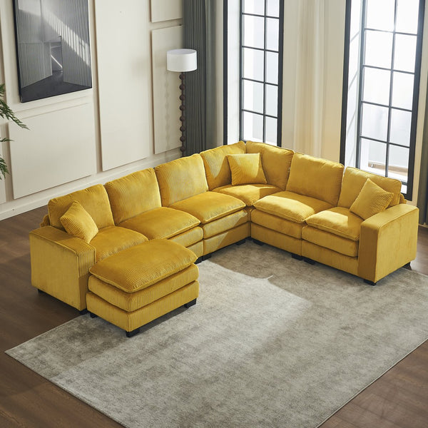 English Elm Modern U Shaped 6-Seat Sectional Sofa with Ottoman and 3 Toss Pillows, Corduroy Modular Comfort and Durable Frame Yellow W2363S00040