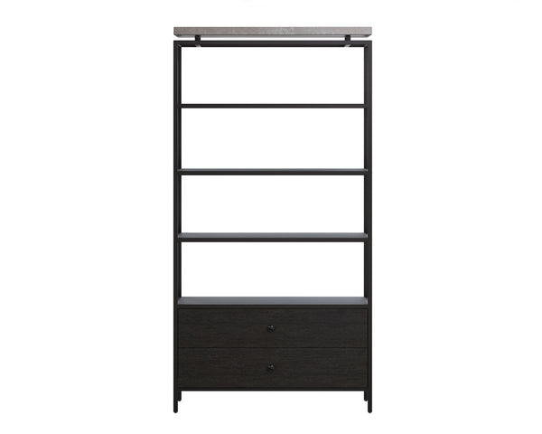 Sunpan Norwood Bookcase: Modern Concrete & Pine Wood Design with Black Metal Frame for Stylish Storage Solutions