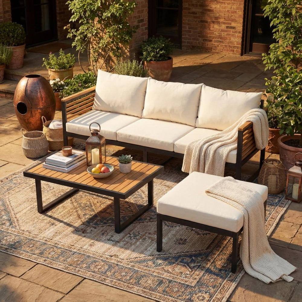 English Elm Outdoor Acacia Wood Iron Pipe 3 Piece Patio Sofa Set with Ottoman Table N757S354898B