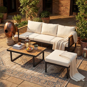 English Elm Outdoor Acacia Wood Iron Pipe 3 Piece Patio Sofa Set with Ottoman Table N757S354898B
