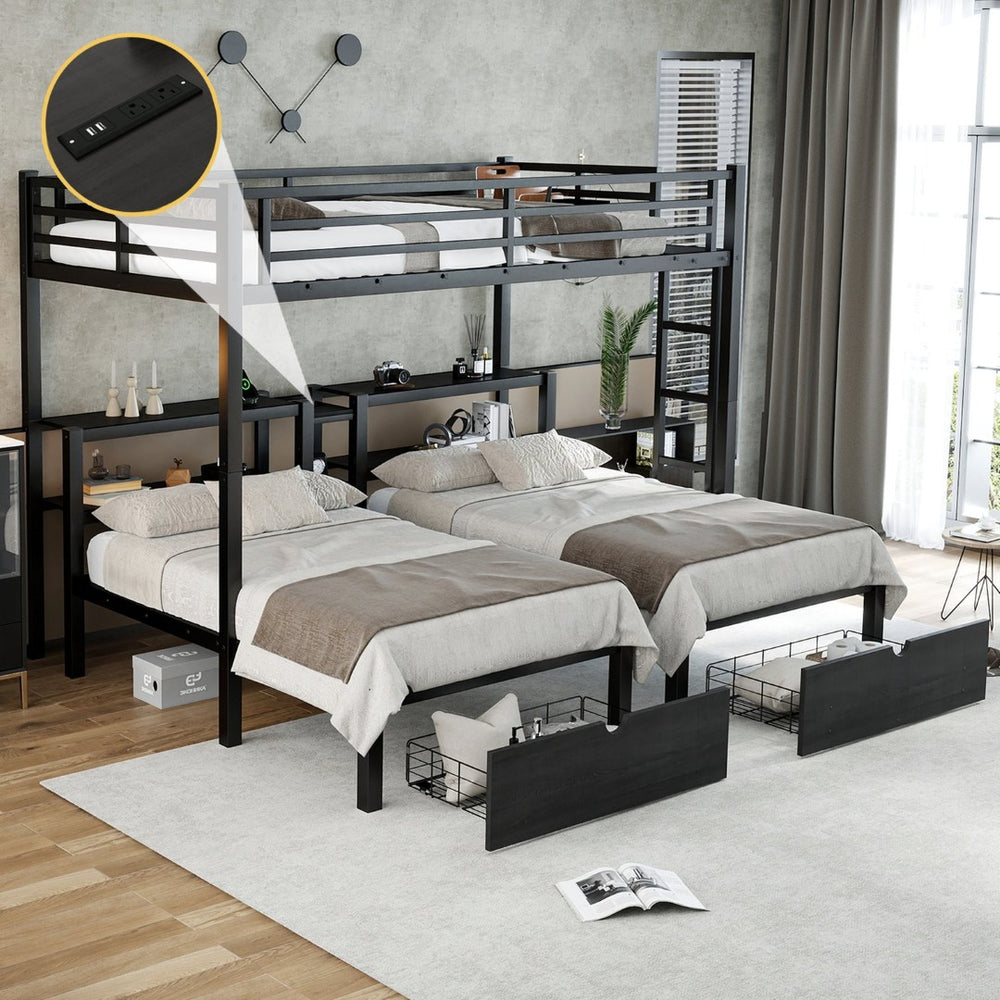 English Elm Twin Triple Bunk Bed Metal L-shaped Frame Sleeps Three Kids White Finish W1580S00480