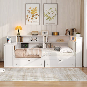 English Elm Wood Full Platform Bed with Led Headboard Built-in Desk Charging Station and Storage Shelves Beige+White N7090001047K-1
