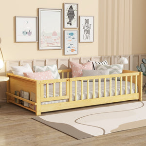 English Elm Twin Size Floor Bed With Book Rack & Fenced Door For Cozy Playtime, Natural Finish Design & Assembly W504P345771-GIGA
