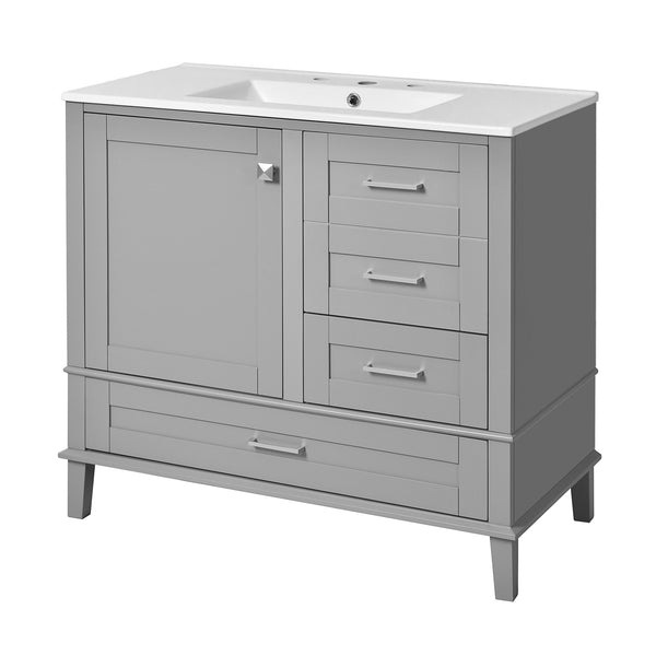 English Elm 36" Grey Bathroom Vanity Solid Pine Frame with Soft-Close Door, 3 Drawers, Ceramic Top, Modern Durability and Storage (36"W) N729P211167E