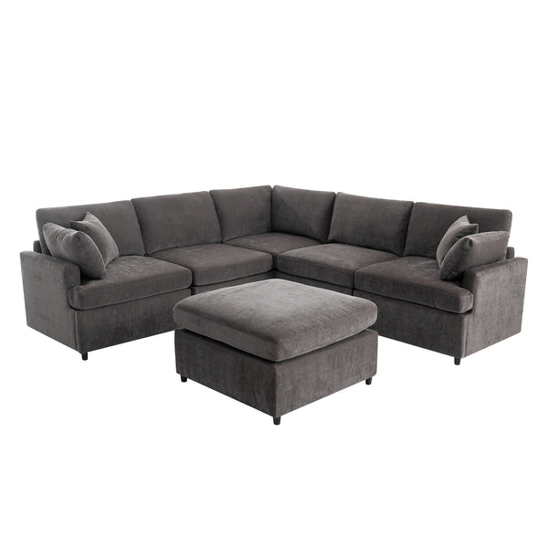 English Elm [ U_STYLE Upholstered Sectional Sofa Removable Ottoman Spacious U-Shape 6-Seat Couch Durable Frame Cozy PP Cotton Fill Gray WY000387AAE