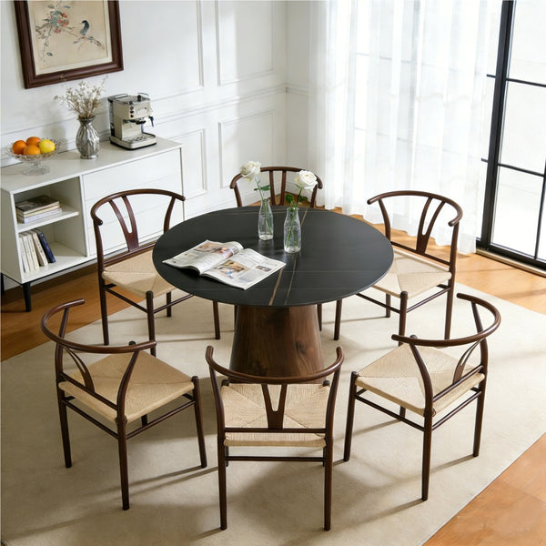 English Elm Table and Chair Set 42 Inch Round Stone Look Top with Six Rope Woven Wishbone Chairs W2920S00155