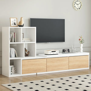 English Elm ON-TREND Extendable TV Stand 74.8"-126" with 3-Tier Shelves, Sliding Tabletop & Cabinets for Organized Living Room White WF531669AAK