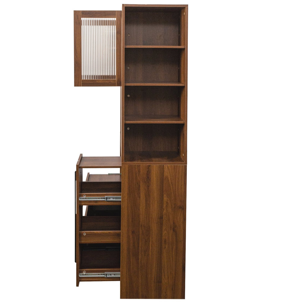 English Elm 70.87" Tall Kitchen Pantry Cabinet – Multi-Functional Storage With Glass Door, Drawers & Microwave Stand W331S00197