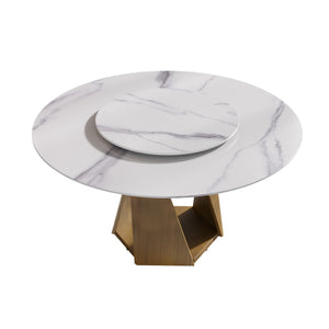 English Elm 59.05" Round Marble Dining Table With Bronze Base & Turntable - Stylish Seating For 6-8 People W1535S00416