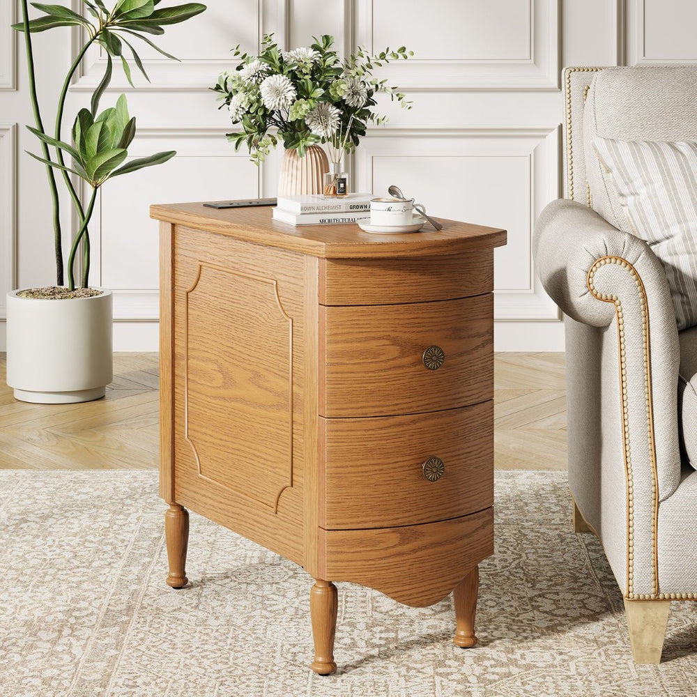 English Elm Vividwood Vintage 2 Drawer End Table with Built in Charging Station for Bedroom T5618P450771