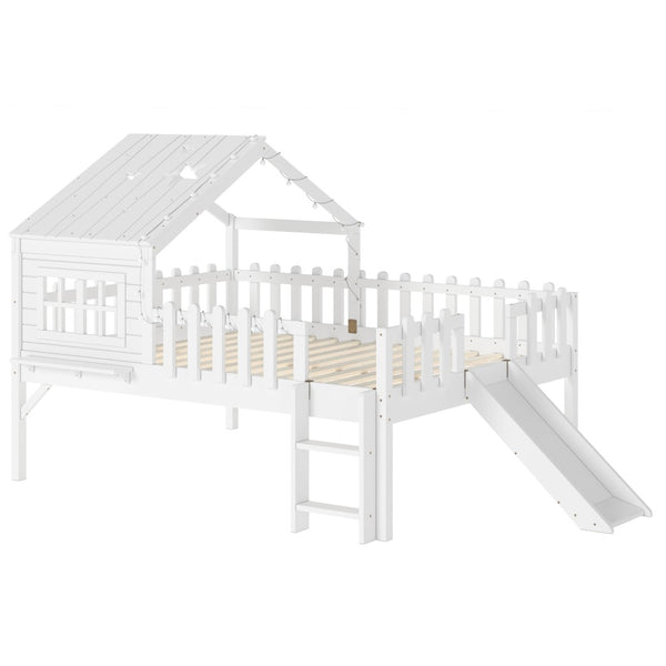 English Elm Twin Playhouse Loft Bed Solid Pine Frame with Slide Led Lights and Star Roof White W5316S00004