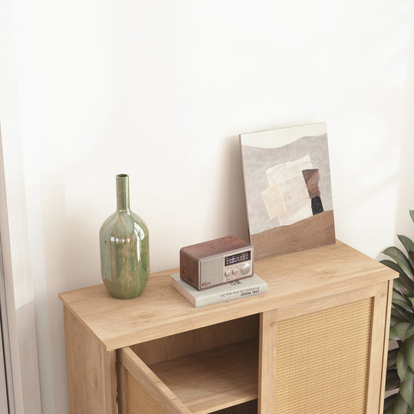 English Elm Mid-Century Woven Rattan Door Storage Cabinet with Adjustable Shelves and Solid Wood Legs, Stylish and Functional Natural 35.4 L x 18.5 W x 6.3 H W3151P288911