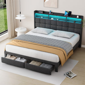 English Elm King LED Linen Platform Bed with Headboard Storage, 2 Drawers, Fast Charging & Mood Lights W1550P190363