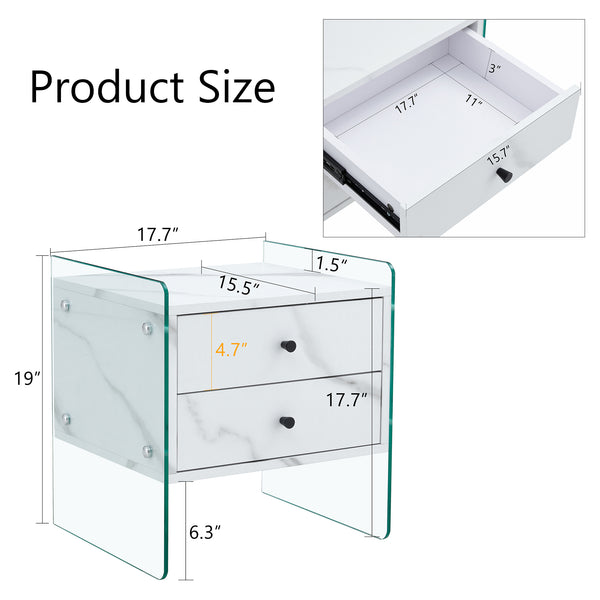 English Elm Double-drawer modern bedside table with MDF surface, tempered glass sides, elegant storage design W1151P191734