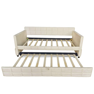 English Elm Modern Velvet Twin Daybed with Pull Out Trundle and Built in Armrest Storage Pockets Beige SF000200AAA