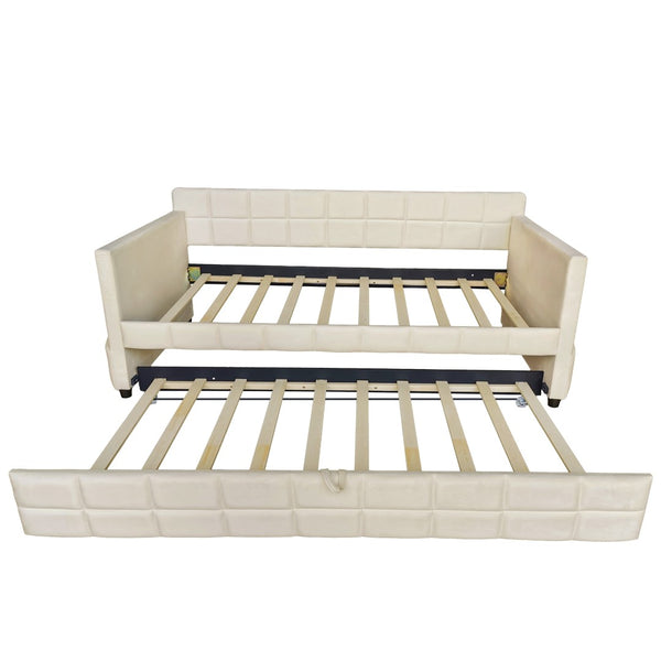 English Elm Modern Velvet Twin Daybed with Pull Out Trundle and Built in Armrest Storage Pockets Beige SF000200AAA
