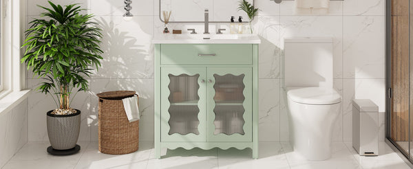 English Elm Christopher Knight Home® - 30 Inch Bathroom Vanity With Tempered Glass Doors, Soft-Close, Modern Green Cabinet & Ceramic Sink N817P299499G
