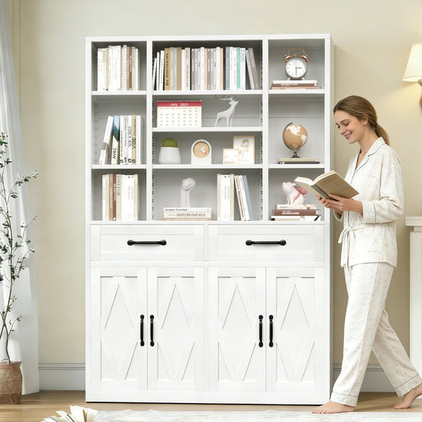English Elm 71" Tall Metal Bookcase with Open Shelves Drawers and Cabinet Doors for Modern Office T2398S00001