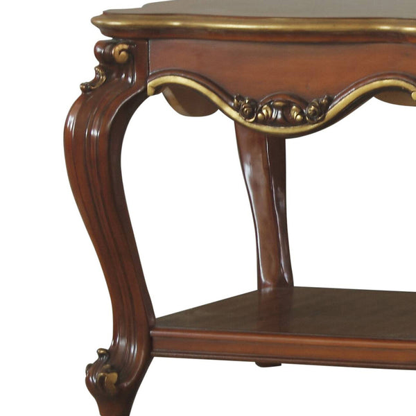 English Elm Honey Oak Scalloped Top End Table with Queen Anne Legs and Bottom Shelf — Classic Wood Veneer Accent B062P209105