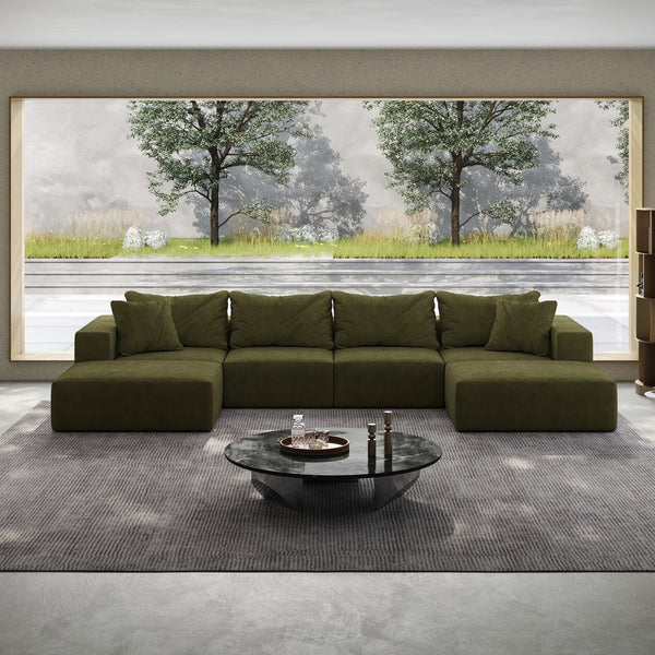 English Elm Oversized sponge cloud sofa modular 162" L-shaped sectional with chenille upholstery and 6 pillows, no-assembly comfort Green W834S00392