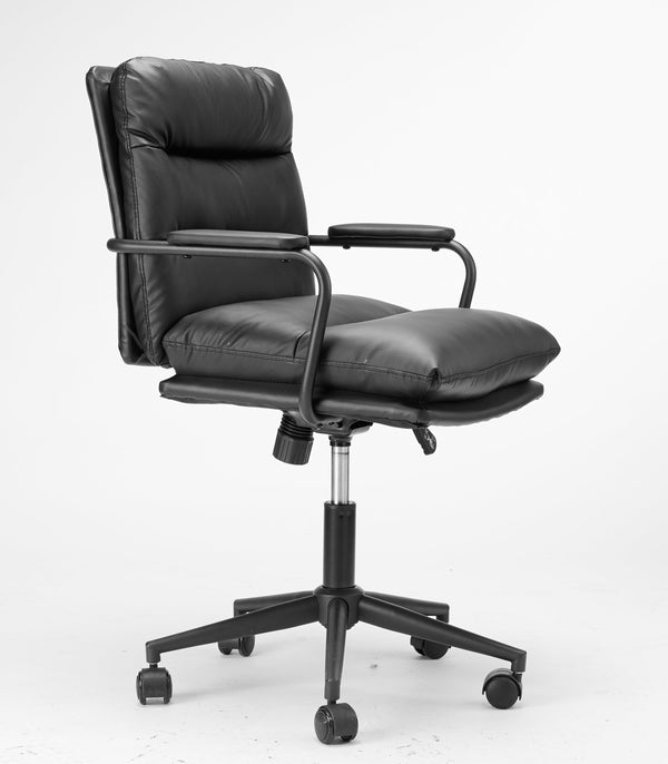 English Elm Black Black Leather Office Chair Mid Back PU Executive Desk Chair with Thick Cushion, Wheels, Arms, Durable Comfort, Easy Assembly B205P241911