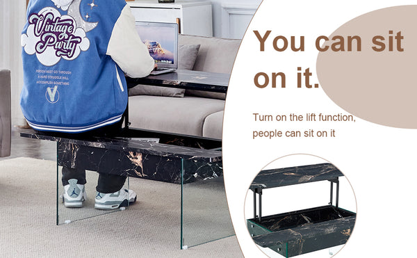 English Elm Multifunctional Lift Top Coffee Table with Tempered Glass Legs, Ergonomic Storage and Durable MDF Finish Black,Transparent W2920P226077