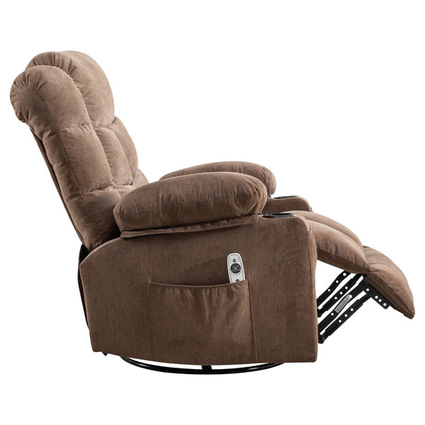 English Elm Oversized Swivel Recliner with Massage Heating Linen Upholstery and Usb Port Brown W1521P411662