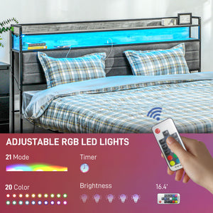 English Elm HOMCOM King Bed Frame with LED RGB Headboard, Charging Station, Under-Bed Storage, Quiet Steel Support W2225P249916
