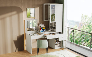 English Elm Versatile Makeup Vanity Desk with Mirror, Built-In Charging Station, 8 Hidden Storage Spaces, White N733S291664K