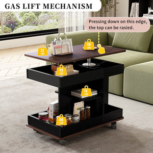 English Elm U-Can Modern Adjustable End Table with 360° Rotating Lift-Top, Lockable Wheels and Storage Space Black+Brown N724P292505B