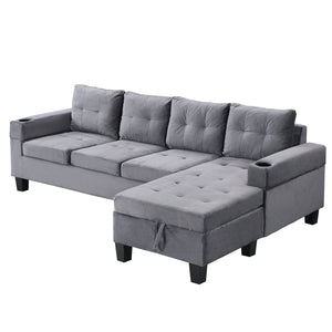 English Elm Sectional PU Sofa Set with L-Chaise, Built-In Cup Holders, Thick Foam Cushions, Modern 4-Seater Comfort Grey 60.62 L x 29.52 W x 13.78 H W2297S00017
