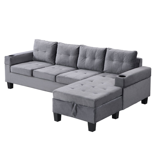English Elm Sectional PU Sofa Set with L-Chaise, Built-In Cup Holders, Thick Foam Cushions, Modern 4-Seater Comfort Grey 60.62 L x 29.52 W x 13.78 H W2297S00017