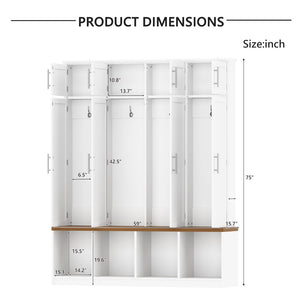 English Elm Wood Entryway Hall Tree with Bench Seating Coat Hooks Shoe Cubbies Cabinet White W5271S00004