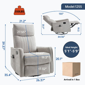 English Elm Blue Fabric Swivel Rocker Recliner with Massage Heat Nodes for Living Room Comfort Light Gray W1803P321838