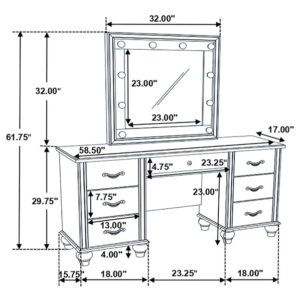 English Elm Charlotte White 7-Drawer Vanity Desk with LED Mirror, Glossy Modern Glam Makeup Table for Luxe Rooms B062S01008