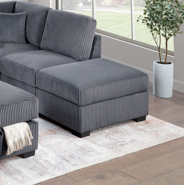 English Elm Dark Gray Wide-Welt Corduroy Sectional Sofa 3pc L-Shaped Reversible Chaise w/ USB Storage Ottoman B011S01771