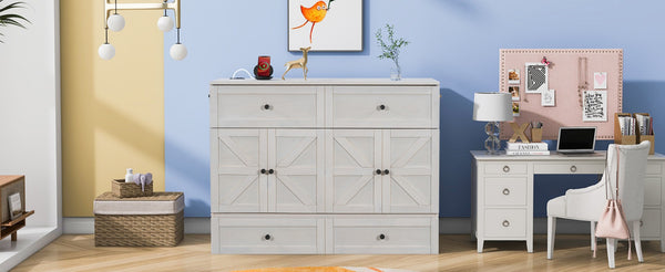 English Elm Full Size Murphy Bed Rattan Cabinet with Storage Drawers and Gold Hardware N708S00005AAK