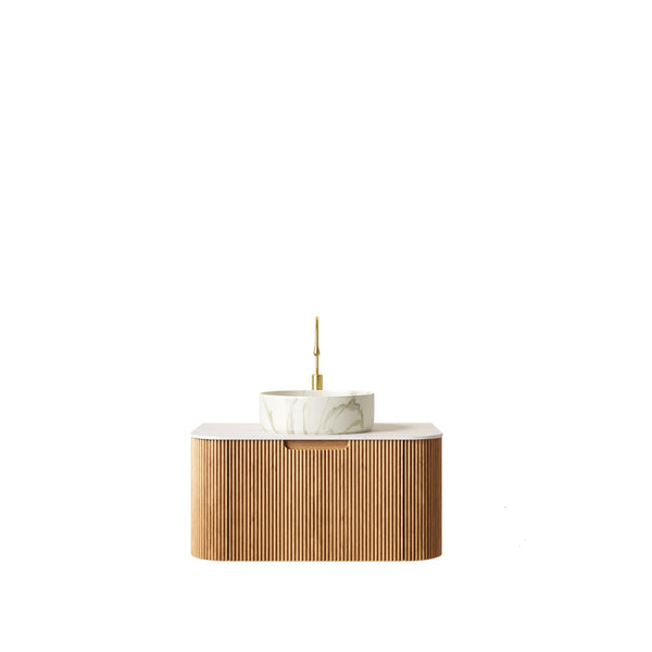 English Elm Muri Floating Bathroom Vanity Plywood Cabinet Sintered Stone Top Oak Drawer Carrara White,Natural Wood,Stone White W2615S00440