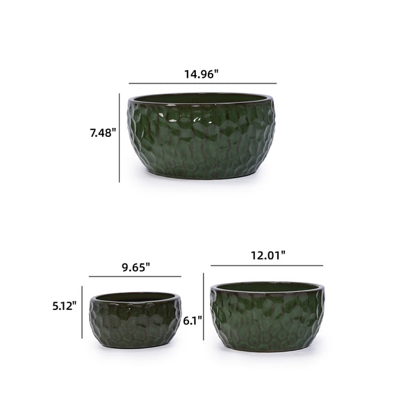 English Elm 3 Pieces Ceramic Flowerpot Set - Handcrafted Antique Green Planters For Indoor & Outdoor Decor W3273P321525