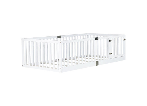 English Elm Twin House Frame Floor Bed Rubberwood with Roof Canopy and Safety Rails for Kids White W504P429538