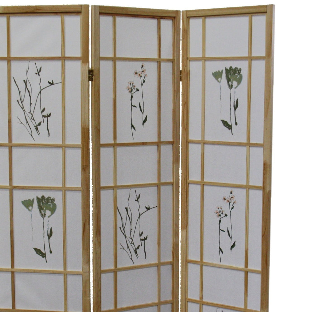 English Elm 70" Elegant Shoji-Style 3-Panel Room Divider Screen With Floral Print - Natural Solid Pine Design B072115966