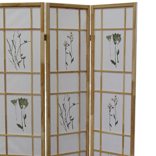 English Elm 70" Elegant Shoji-Style 3-Panel Room Divider Screen With Floral Print - Natural Solid Pine Design B072115966