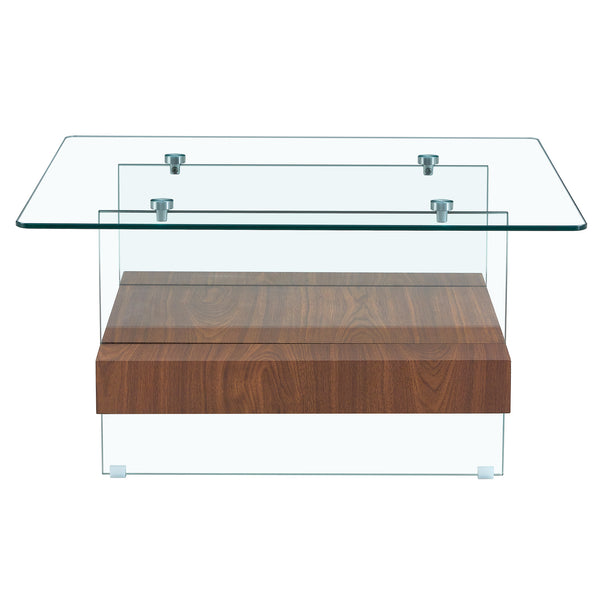 English Elm 31.4 Modern Two-Tier Square Coffee Table with Tempered Glass Top & Walnut Shelf — Stylish Storage W1512P407505