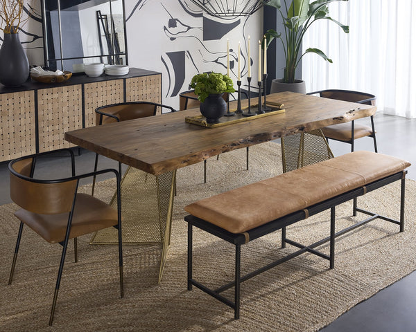 Sunpan Zancor Bench - Timeless Tan Leather Elegance with Gunmetal Steel Frame for Unique Home Style