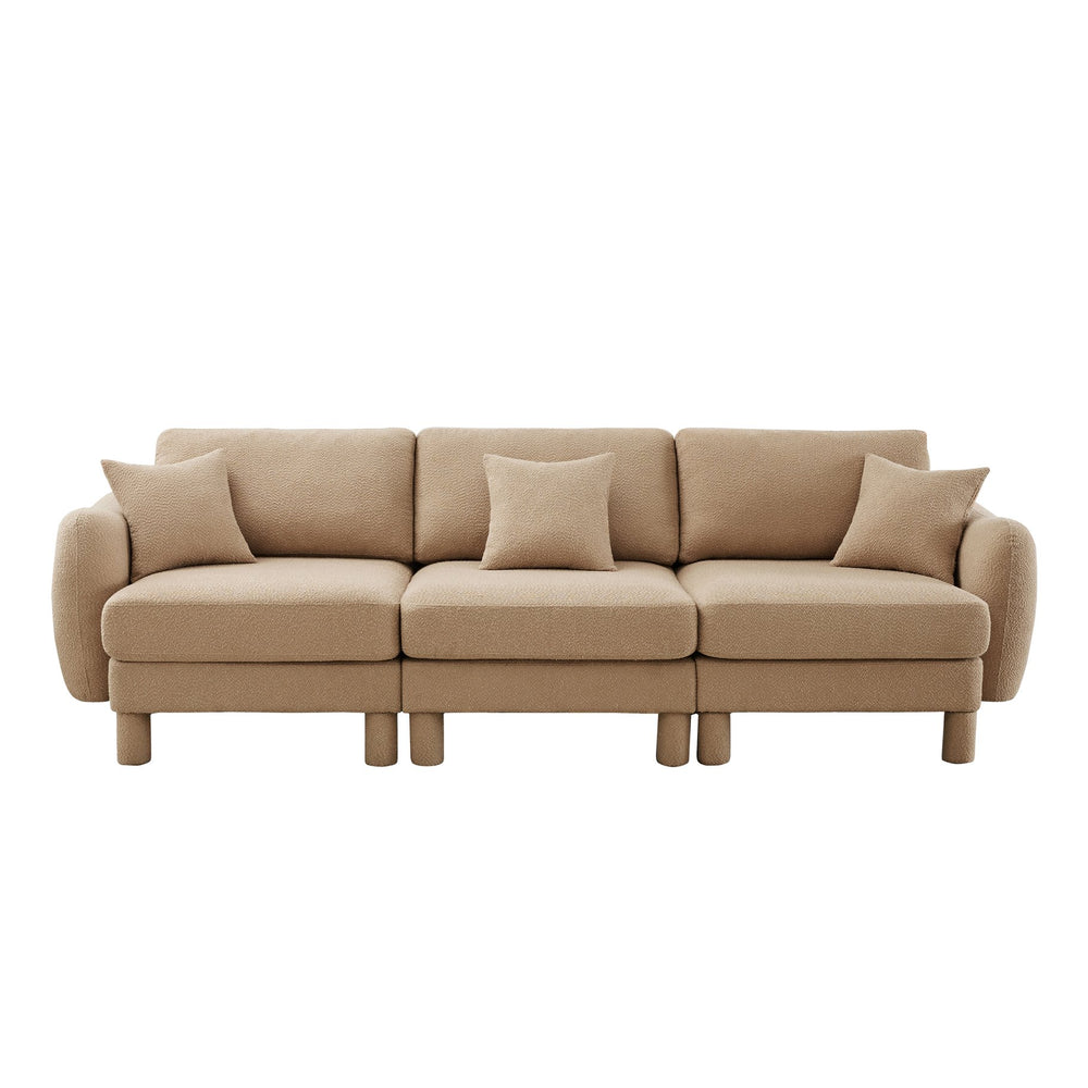English Elm Boucle 3-Seater Sofa With Sculptural Shell Armrests, Plush Coffee Fabric, And Modern Cylindrical Legs W3041S00284