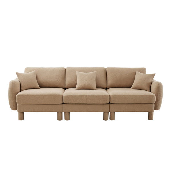 English Elm Boucle 3-Seater Sofa With Sculptural Shell Armrests, Plush Coffee Fabric, And Modern Cylindrical Legs W3041S00284