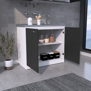 English Elm Freestanding Sink Cabinet With Double Doors, 2 Shelves, Stylish White & Black Finish For Storage B097S00140